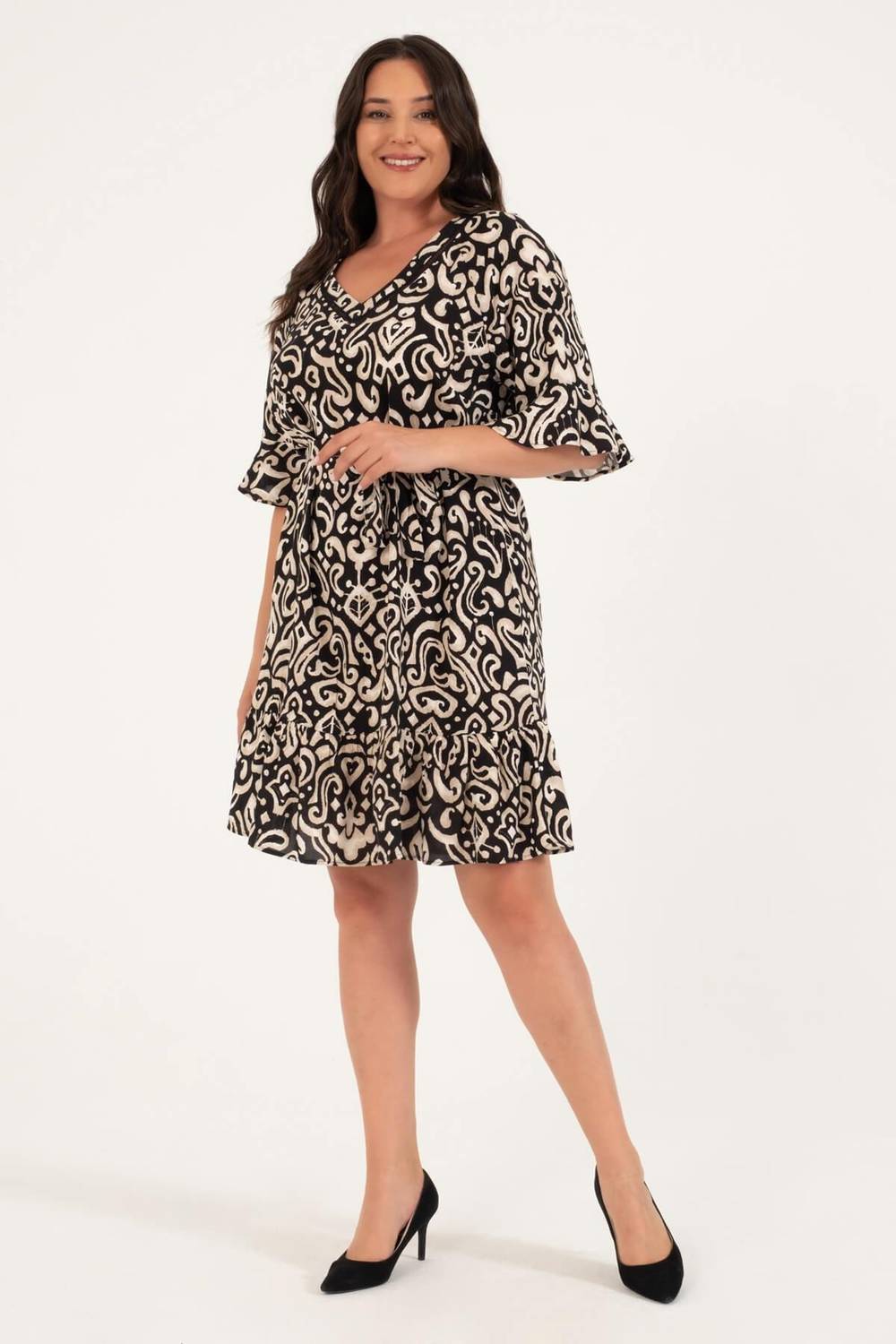 V-Neck Sleeves Flounce Dress