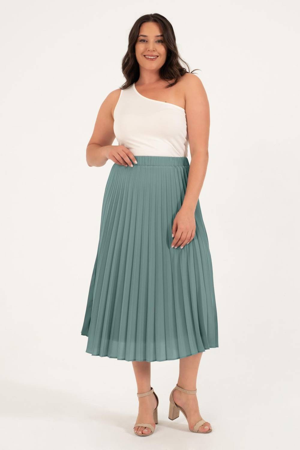 Плиссированная миди-юбка с подкладкой больших размеров, комфортная, 100% полиэстер, длина 85 см, доступные размеры 40-54, цвет мятный