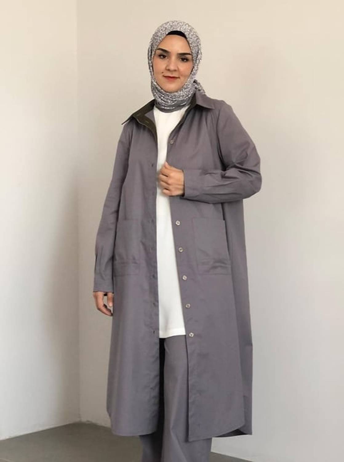 POPLİN UZUN GÖMLEK GRİ