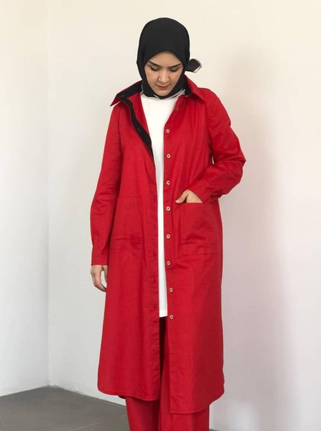 POPLİN UZUN GÖMLEK KIRMIZI