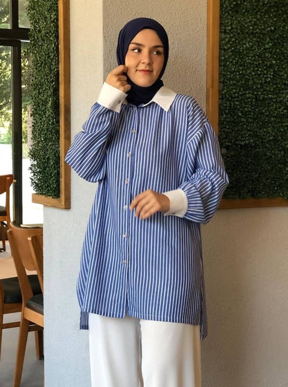 ÇİZGİLİ KISA GÖMLEK MAVİ