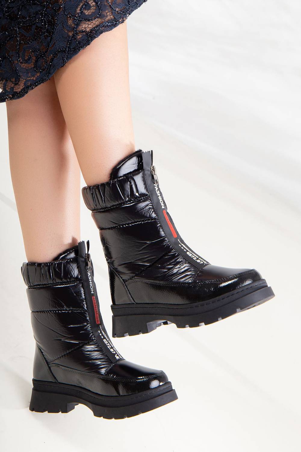 Grel Women's Parachute Boots Front Zippered Black Patent Leather