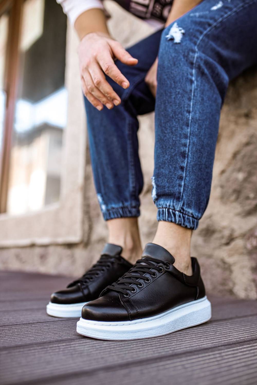 Yeni Sezon Erkek Tarz Casual Sneaker Günlük Spor Rahat Ayakkabı -Siyah-Beyaz