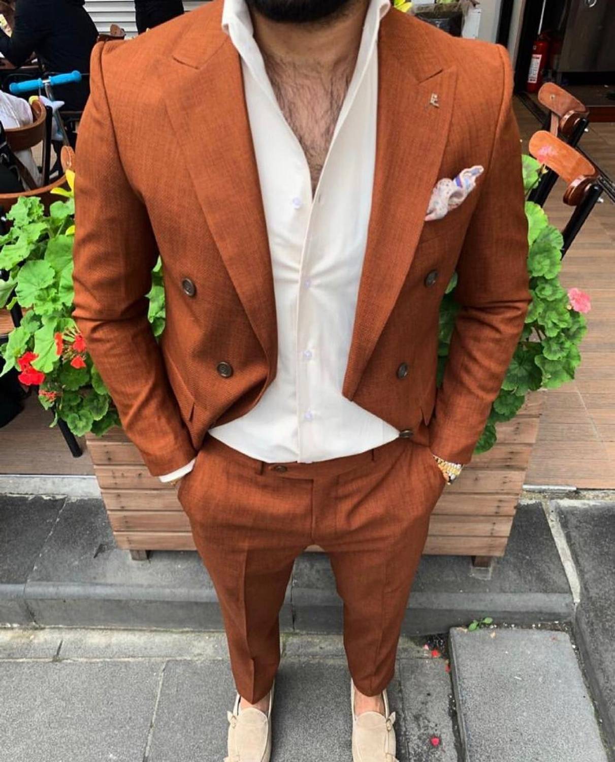 بدلة رجالية بقصة ضيقة من الليكرا مزدوجة الصدر - قرميد