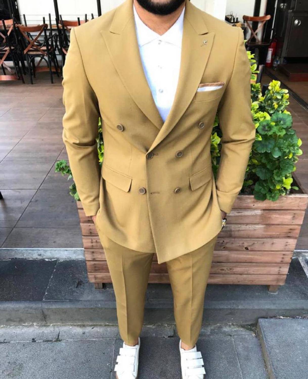 بدلة رجالية مزدوجة الصدر بقصة ضيقة من الليكرا - أصفر مسطردة