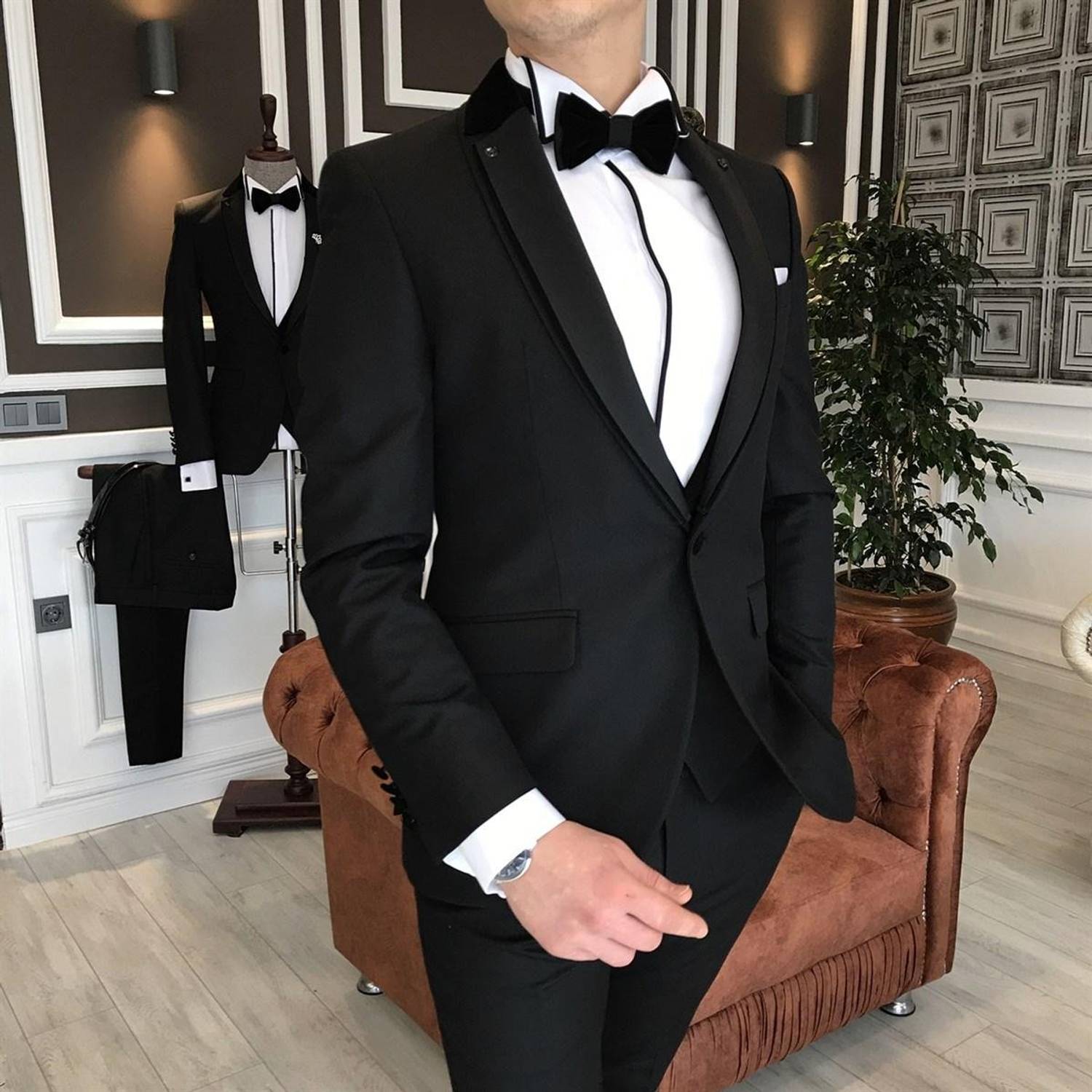 سترة رجالية ضيقة ضيقة مع بدلة عريس كولار قابلة للإزالة سوداء