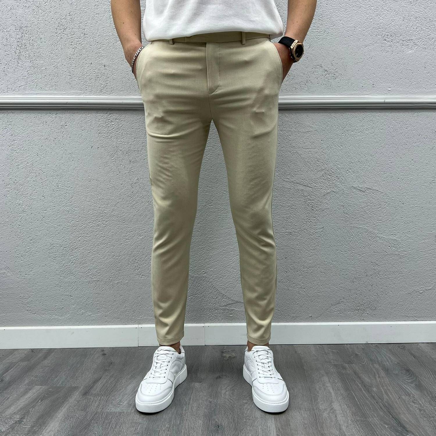Men's Slim Fit Slimfit Lycra Linen Trousers-Cream