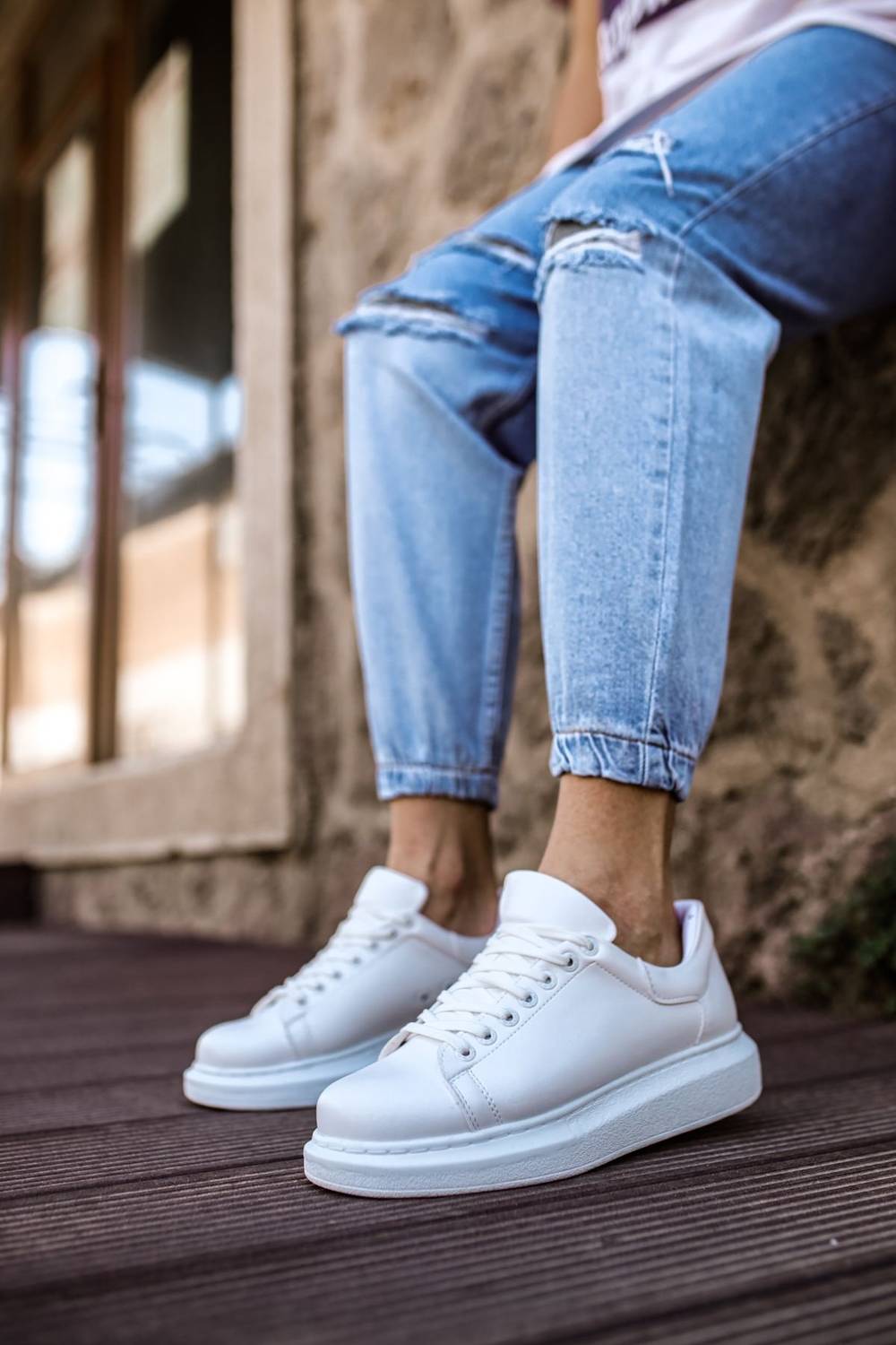 Yeni Sezon Erkek Tarz Casual Sneaker Günlük Spor Rahat Ayakkabı -Beyaz-Beyaz