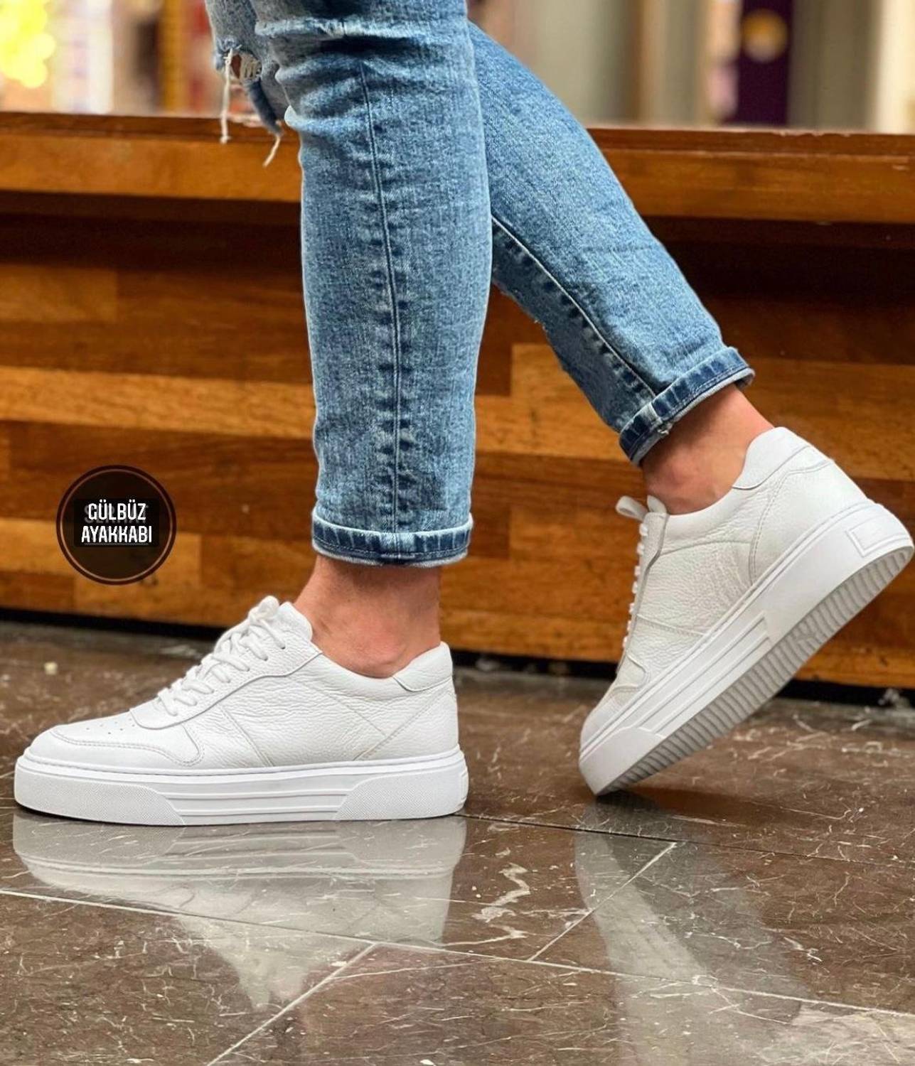 Erkek İçi Dışı Deri Eva Taban Sneakers Bağcıklı Spor Ayakkabı-Beyaz