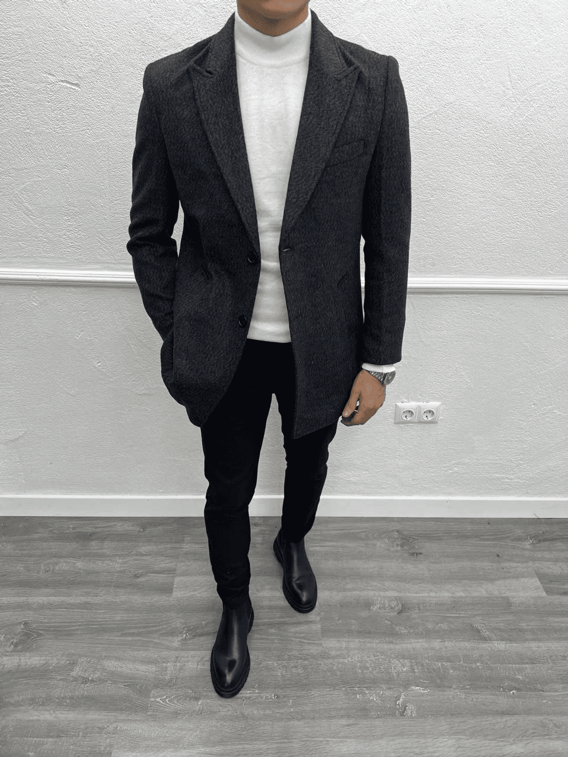 Men's Slim Fit Two Button Wool Cachet Coat -Black