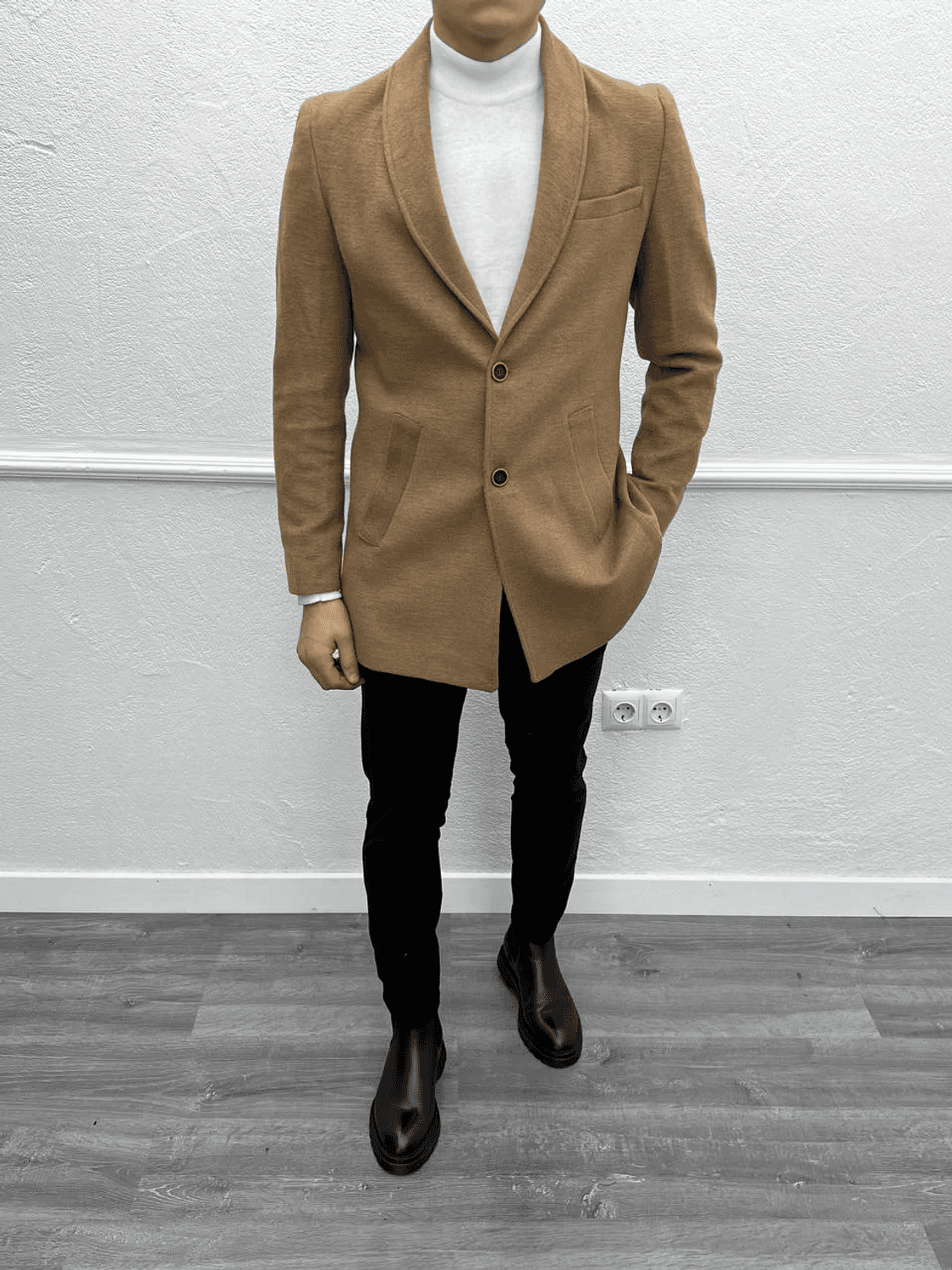 Erkek Dar Kesim İki Düğme Kaşe Kaban - Taba