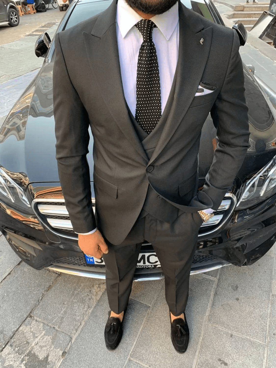 Erkek Dar Kesim Kendinden Desenli Yelekli Takım Elbise - Siyah