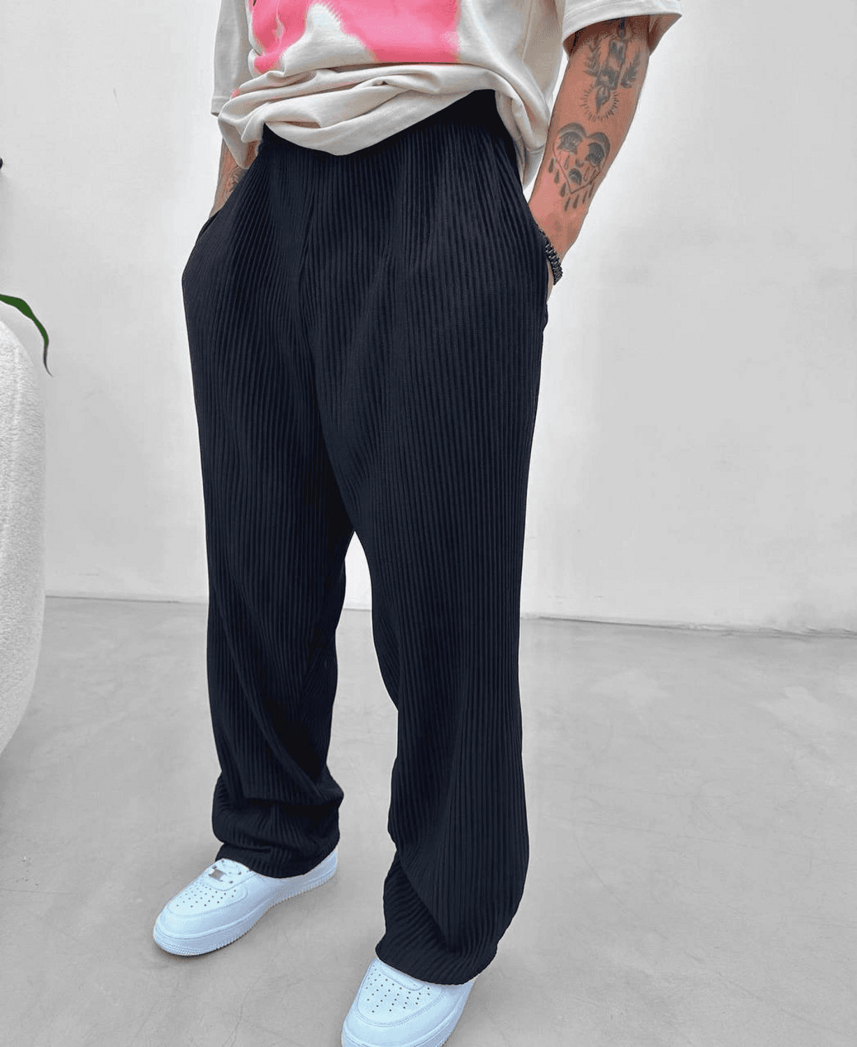 Erkek Fitilli Beli Lastikli Likralı Bagy Pantolon-Siyah