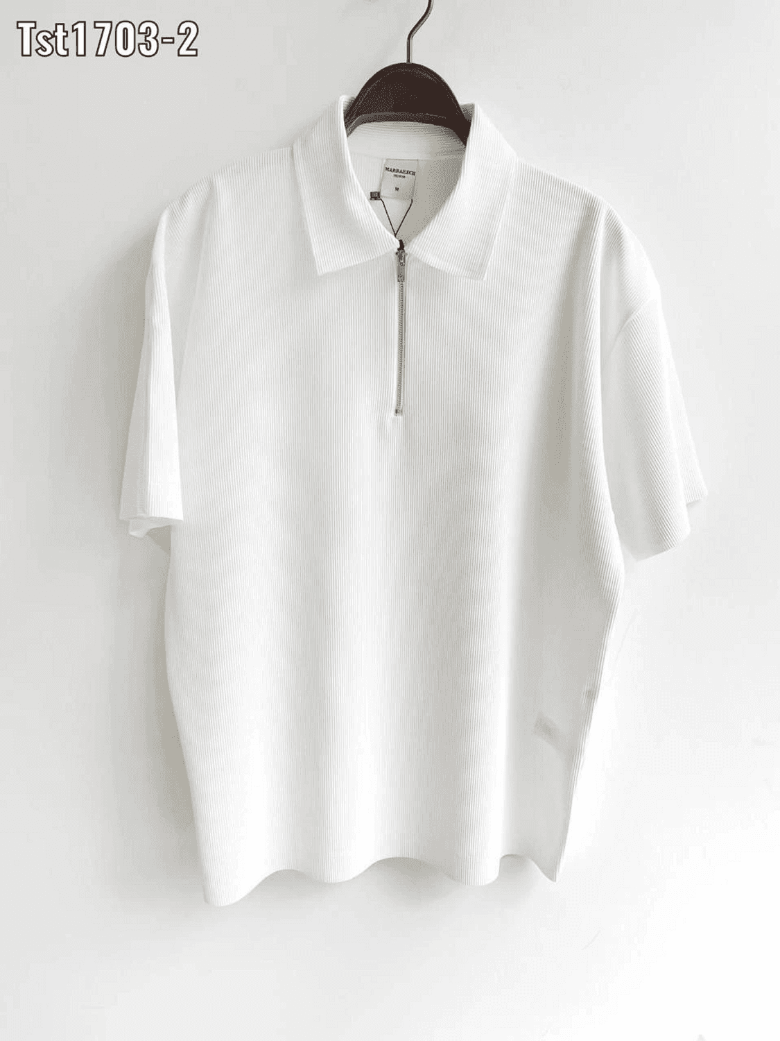 Men's Casual Fit Slim Ribbed Collar Zippered Short Sleeve Shirt -White