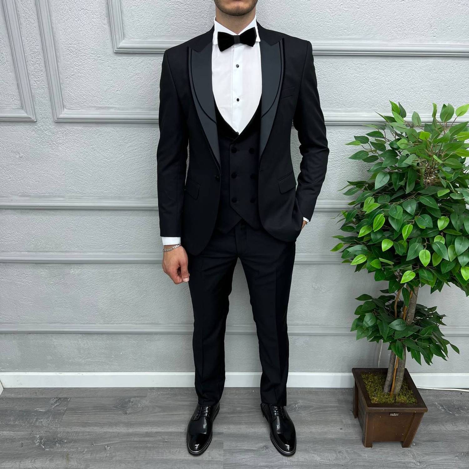 Men's Slim Fit Slim Fit Vest Detachable Collar Groom Suit-Black