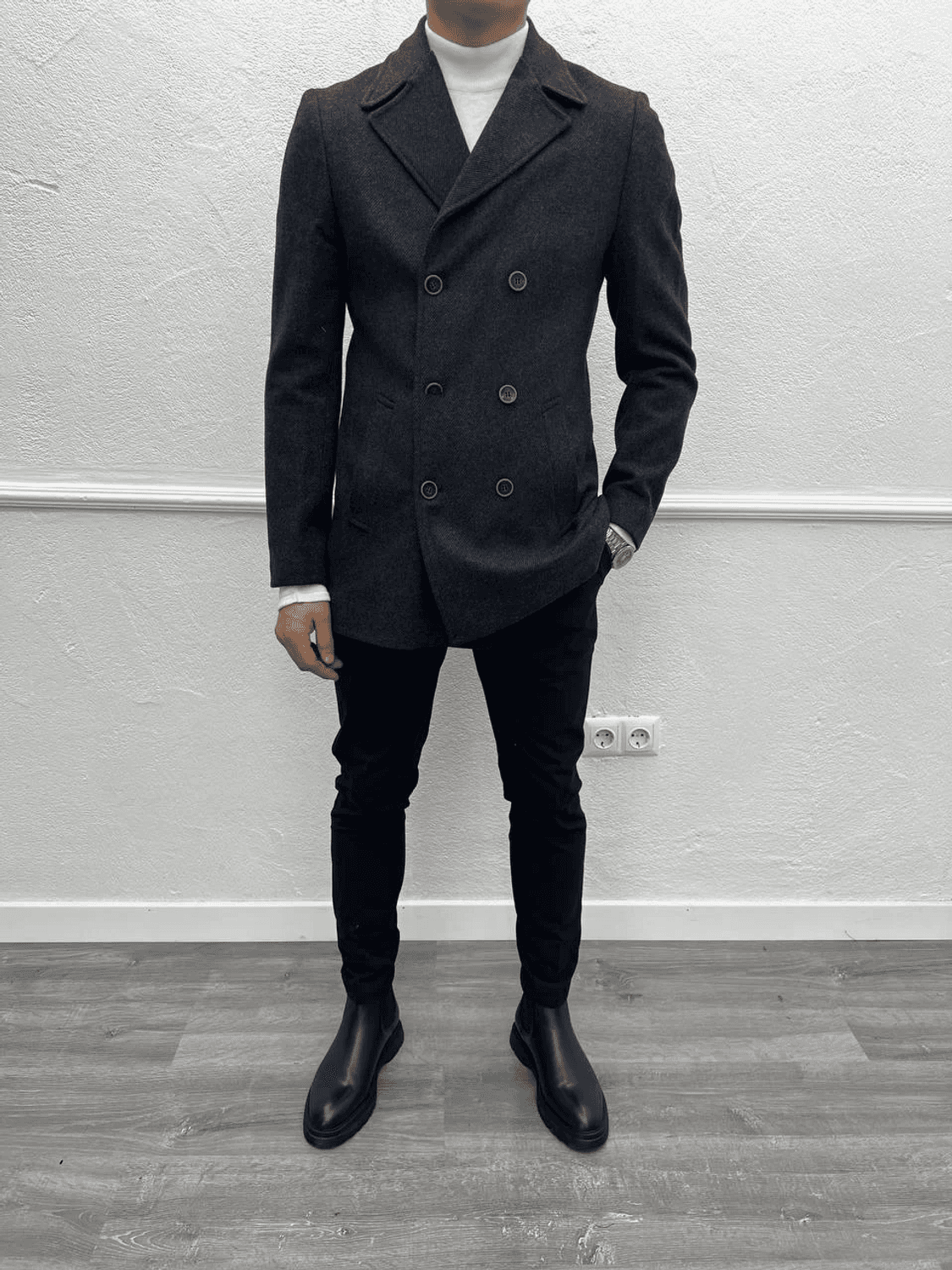 Men's Slim Fit Patterned Double Breasted Cachet Coat - Black