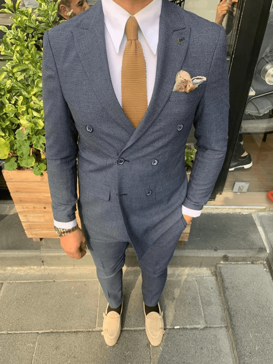 Erkek Dar Kesim Silimfit Kruvaze Takım Elbise-Lacivert