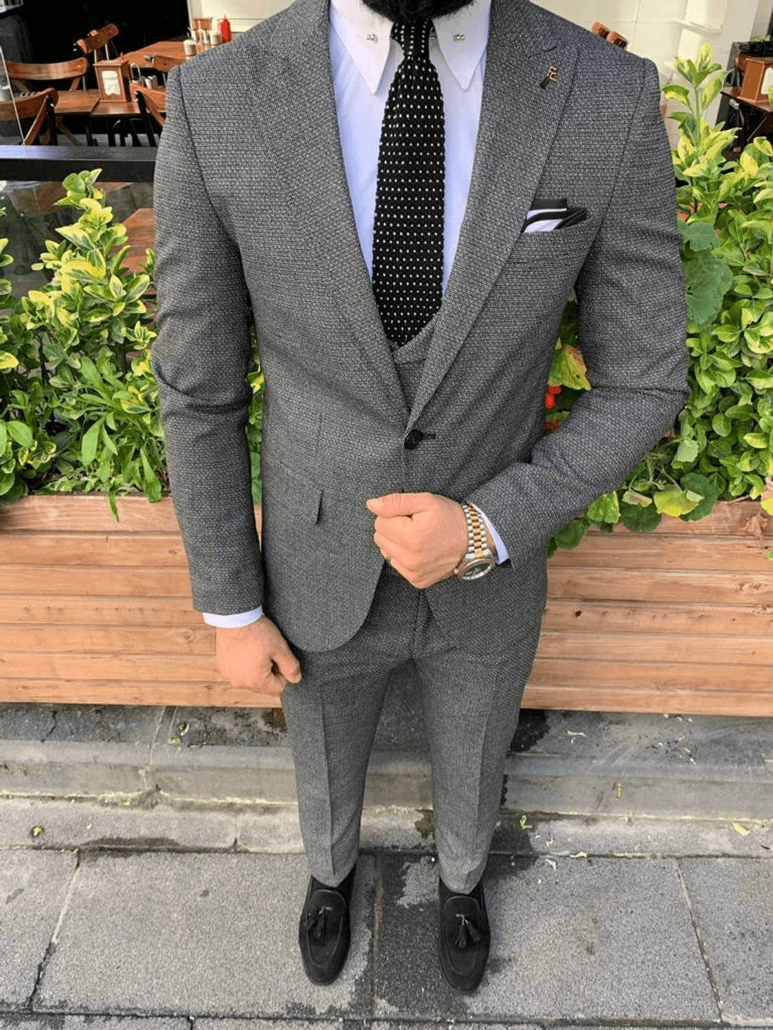 Темно-серый узорчатый мужской жилет с рубашкой и брюками, приталенный крой, только сухая чистка, размеры 44-58