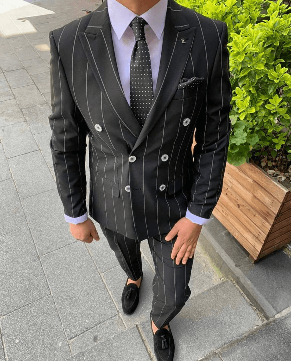 Men's Slim Fit Slimfit Double Breasted Striped Suit-Black