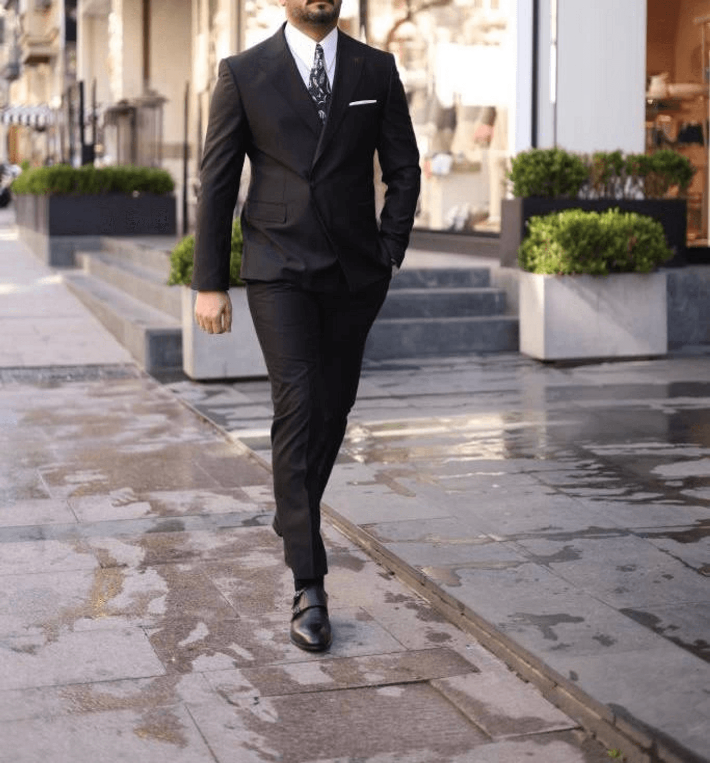 بدلة رجالية بقصة ضيقة Slimfit مزدوجة الصدر بزر واحد - أسود