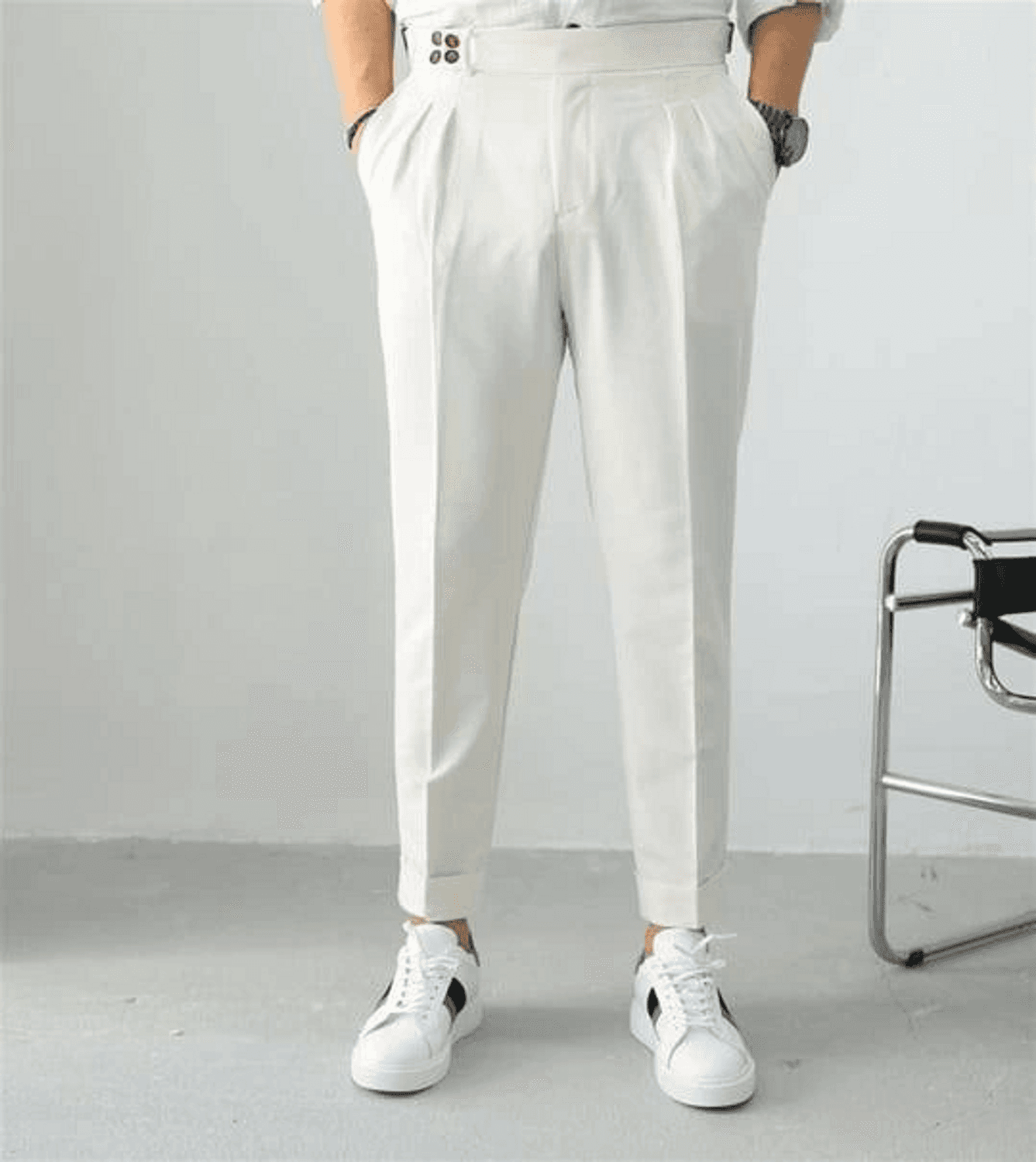 Men's Slim Fit High Waist Pleated Double Leg Linen Trousers - White