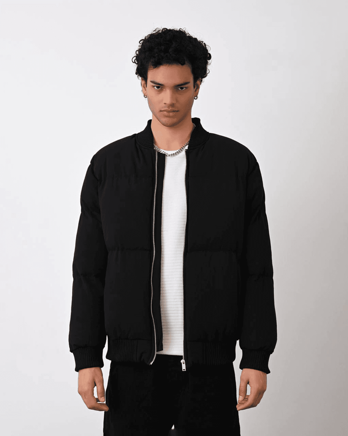 Men's Puffer Coat with Elastic Waist - Black