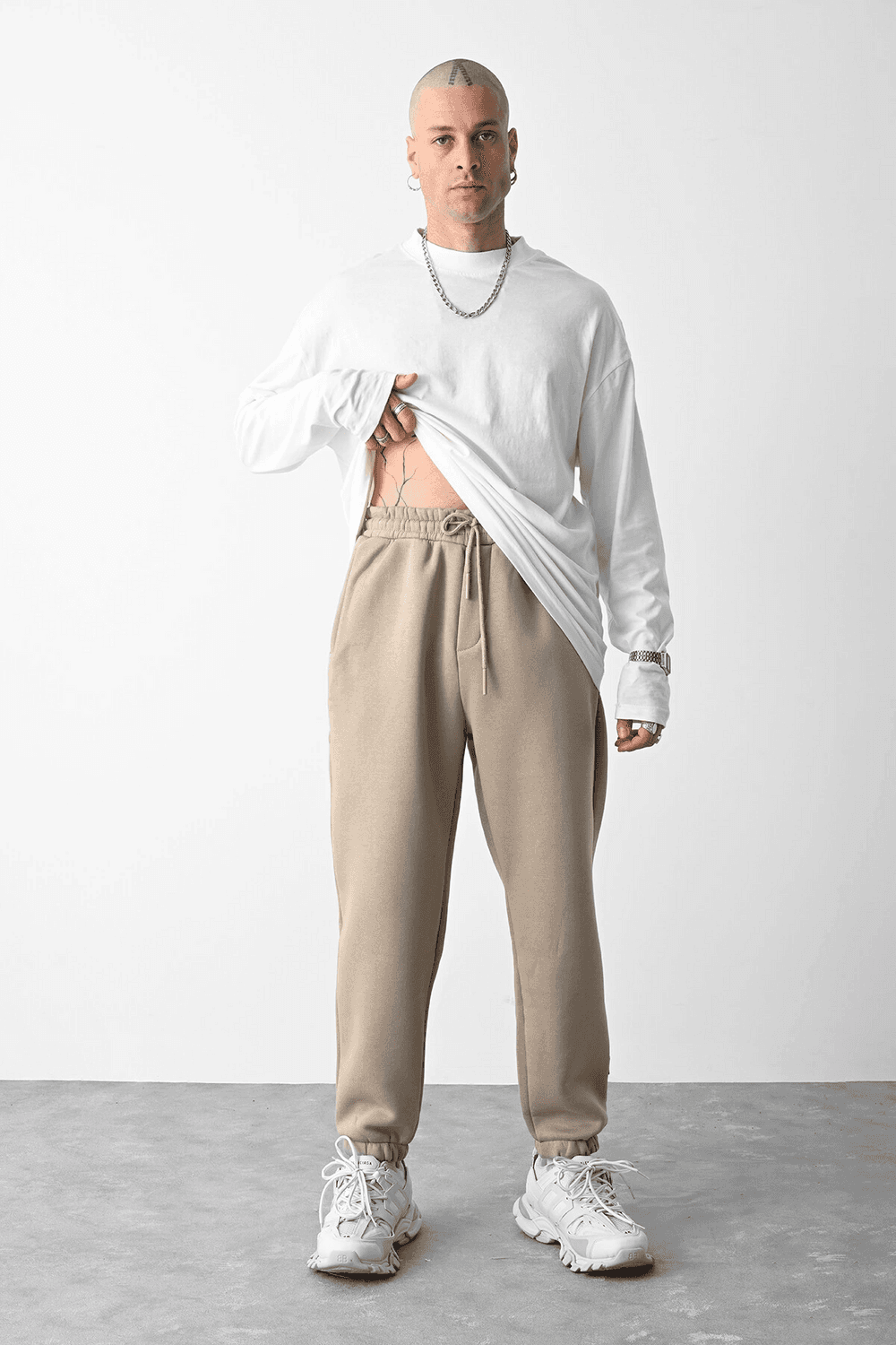 Paçası Lastikli İçi Şardonlu Basic Eşofman - Taş