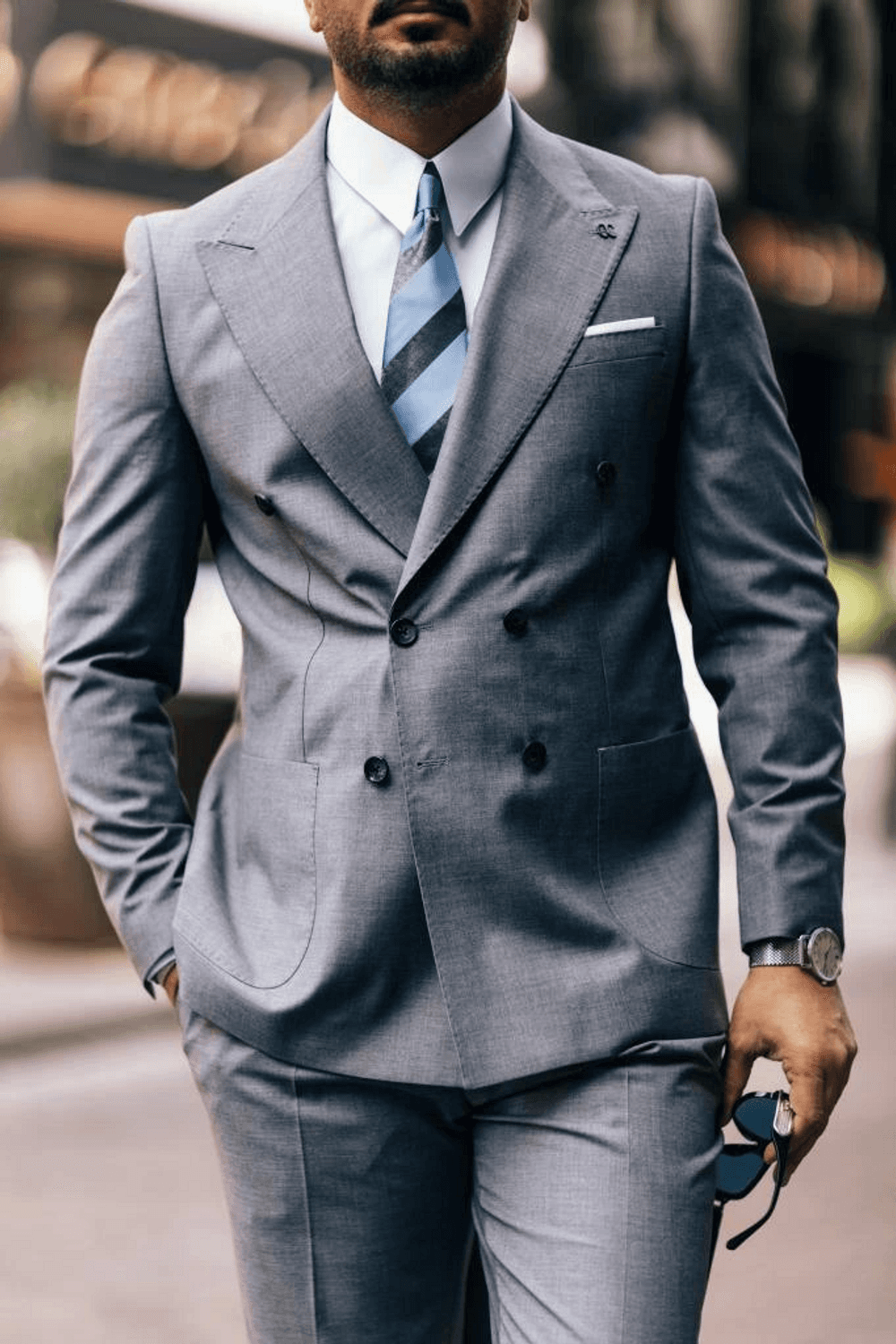 بدلة رجالية ذات قصة ضيقة ومطويات ذات قصة ضيقة مزدوجة الصدر - رمادي