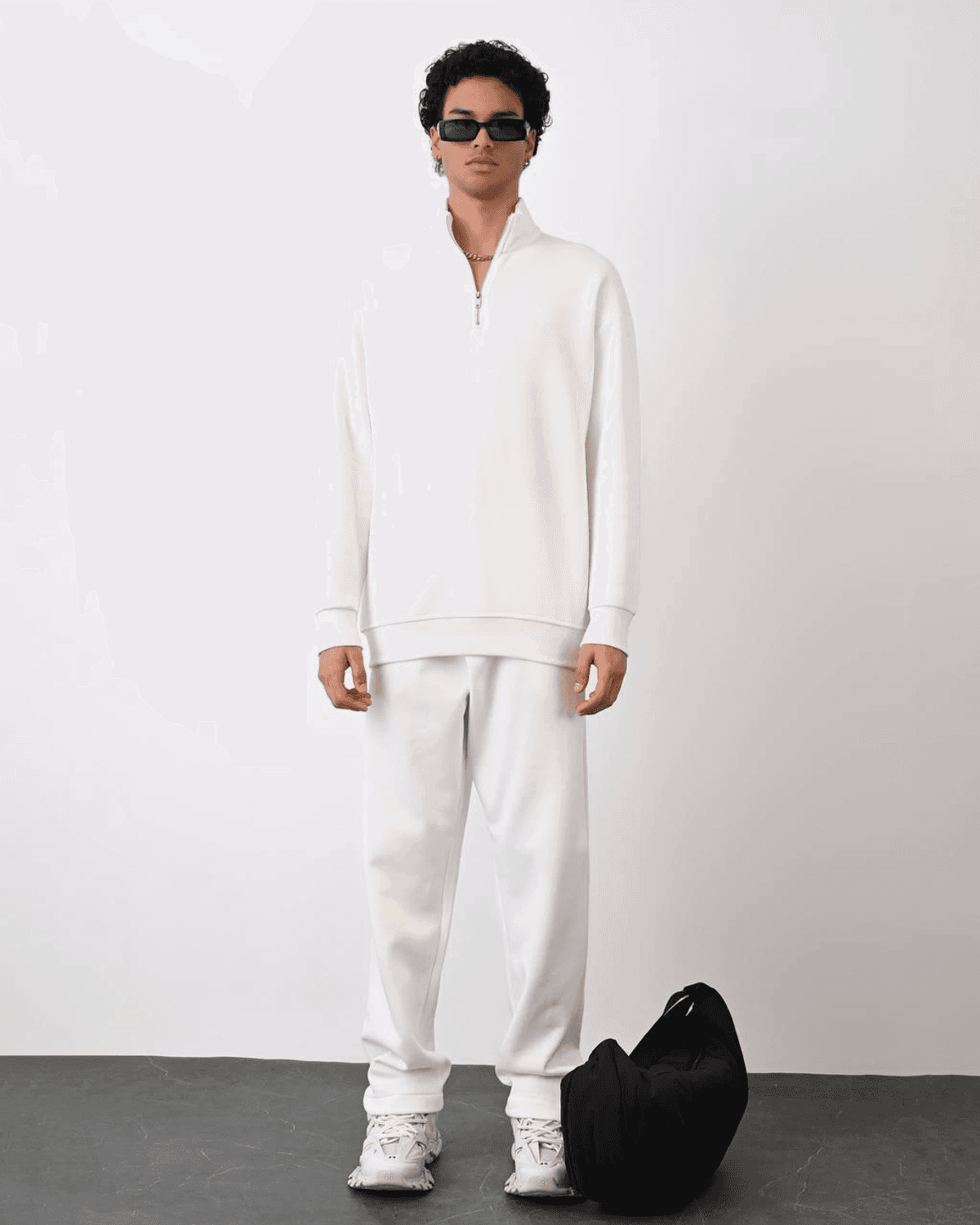 Erkek İçi Şardonlu Yakası Fermuarlı Oversize Sweatshrt -Beyaz