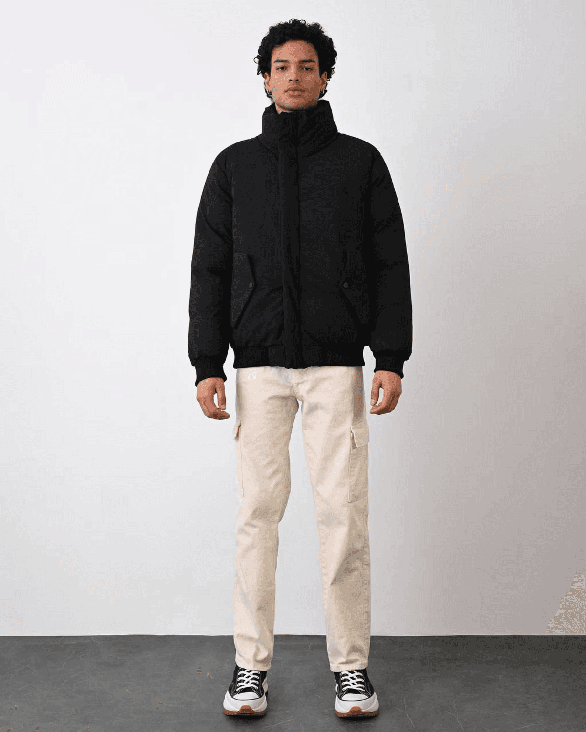 Men's Collar Waist Elastic Puffer Coat-Black