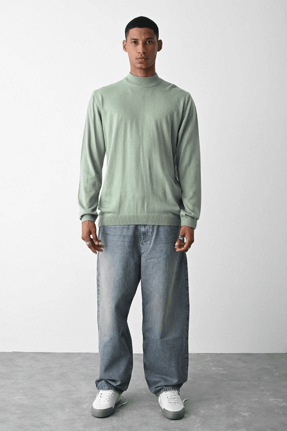 Мужской оверсайз свитер с полувысоким воротом - водяной зеленый, %80 хлопок, %20 вискоза, размеры S-XXL, длина 72 см