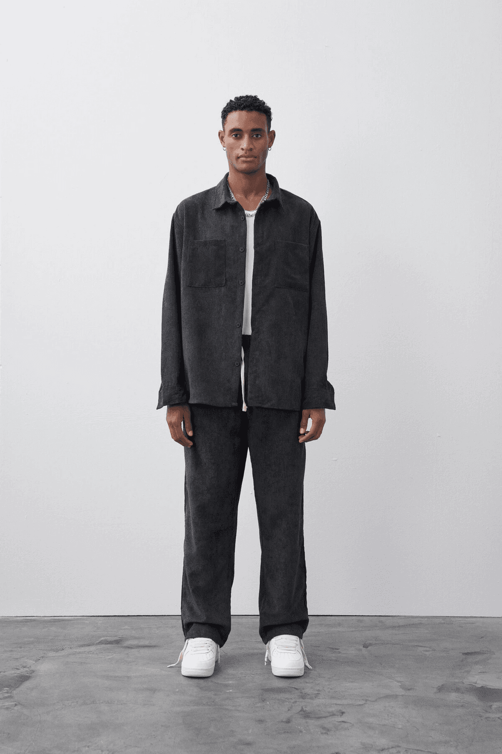 Erkek Owersize Salaş Kesim Fitilli KadifeTakım -Siyah