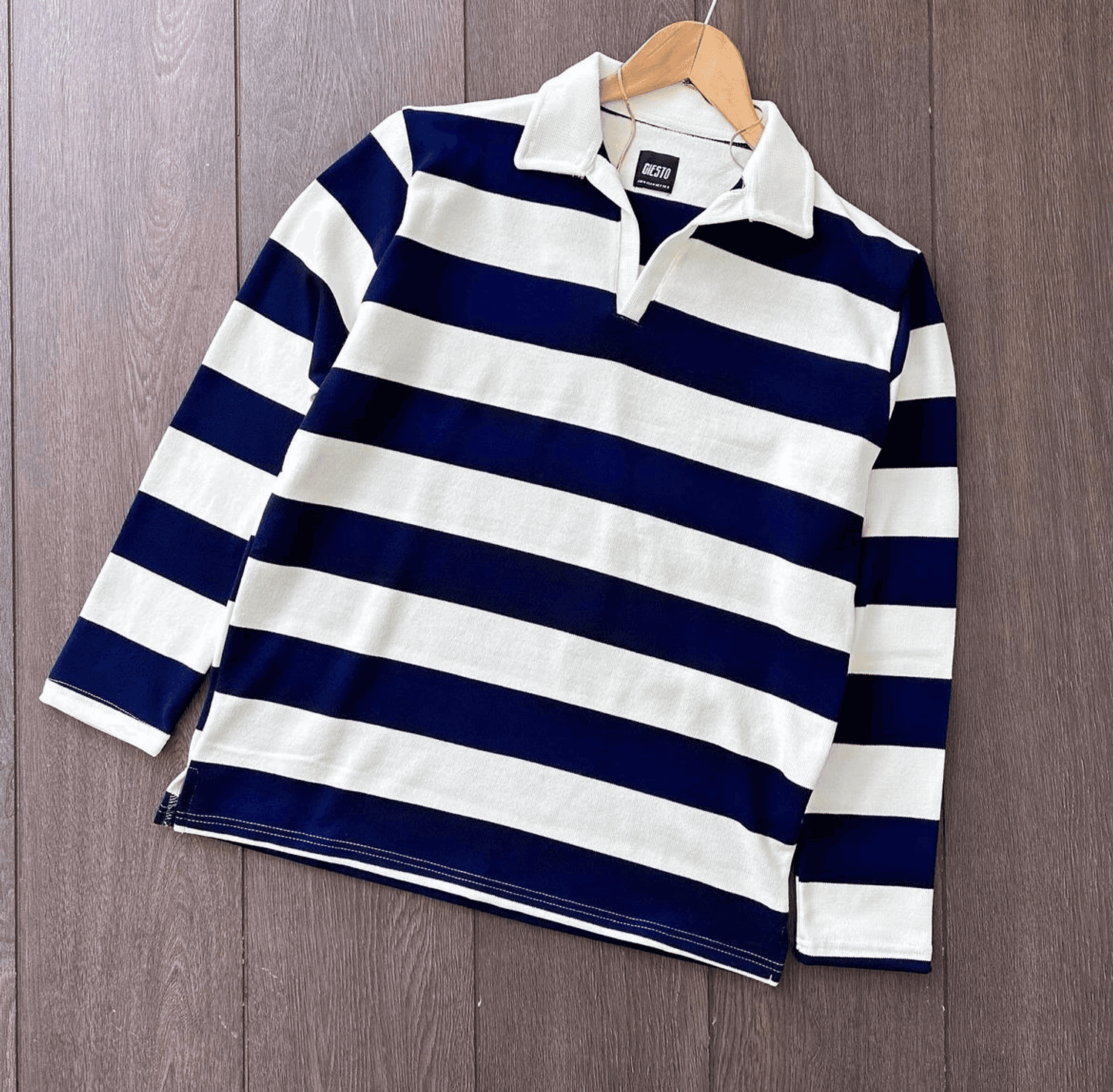 Men's Oversized Long Sleeve Polo Neck Knitwear - Cream and Navy Blue, Available in S, M, L, XL