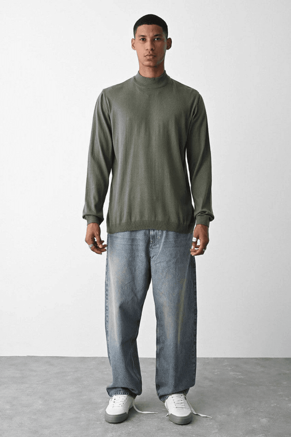 Men's Owersize Half Fisherman Knitwear Sweater - Khaki