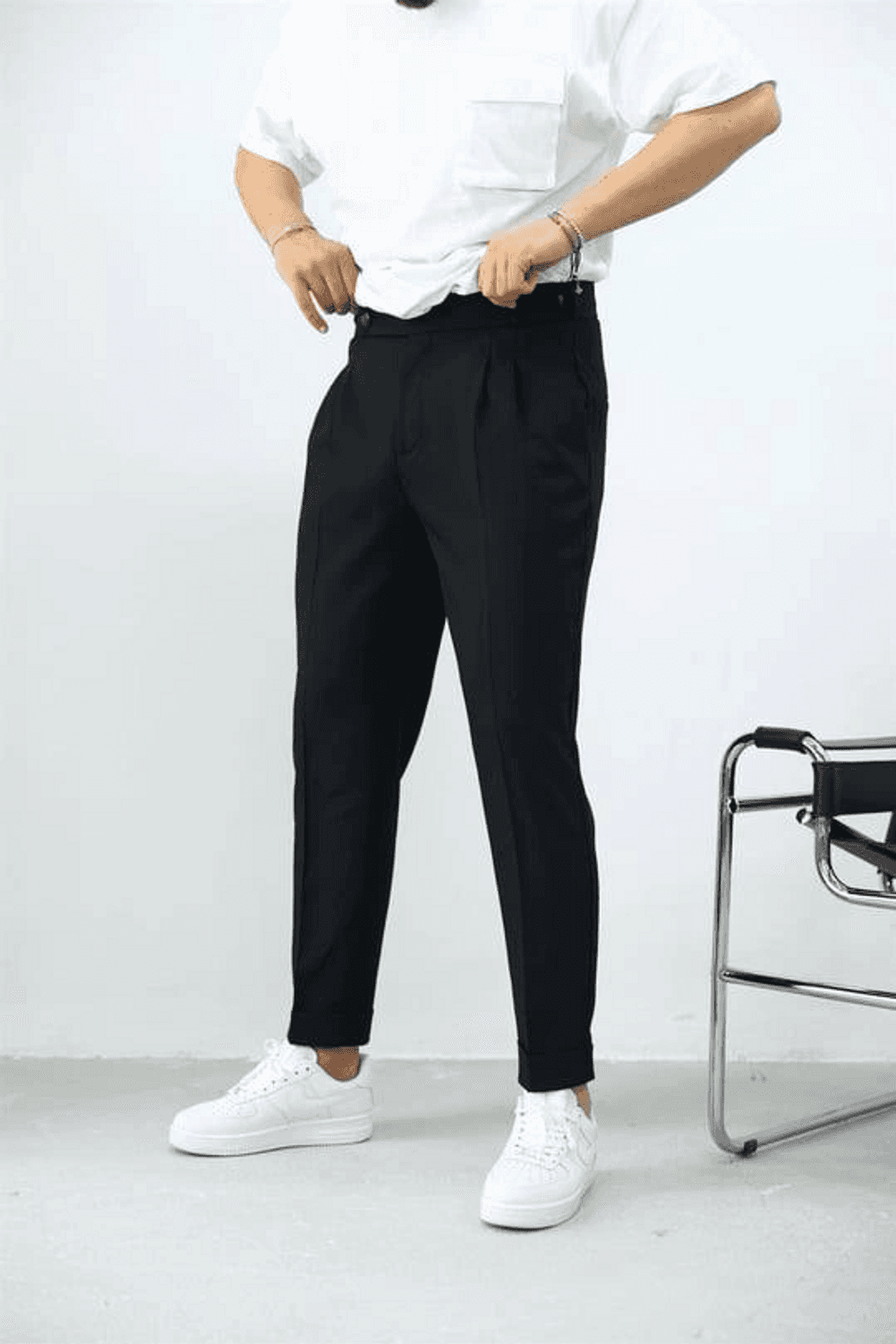 Erkek Dar Kesim Yüksek Bel Pileli Duble Paça Keten Pantolon-Siyah