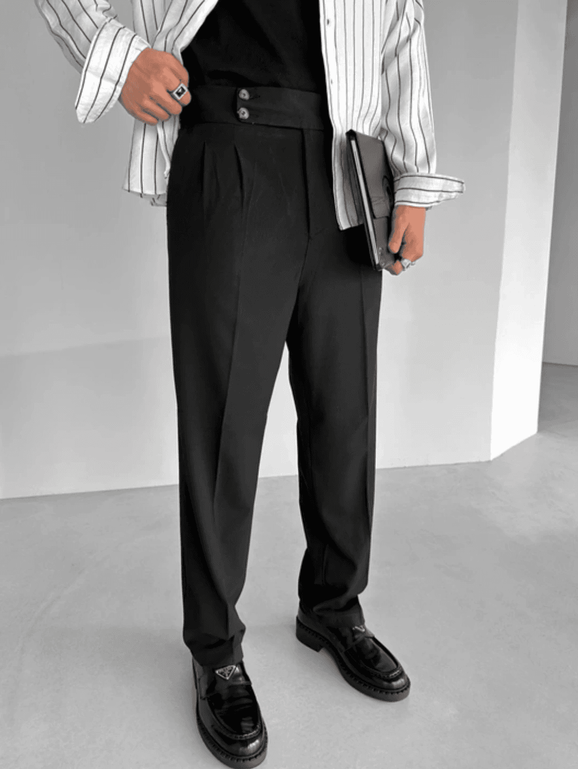 Мужские брюки с высокой талией, свободного кроя с пленками - черные, размеры S, M, L, XL