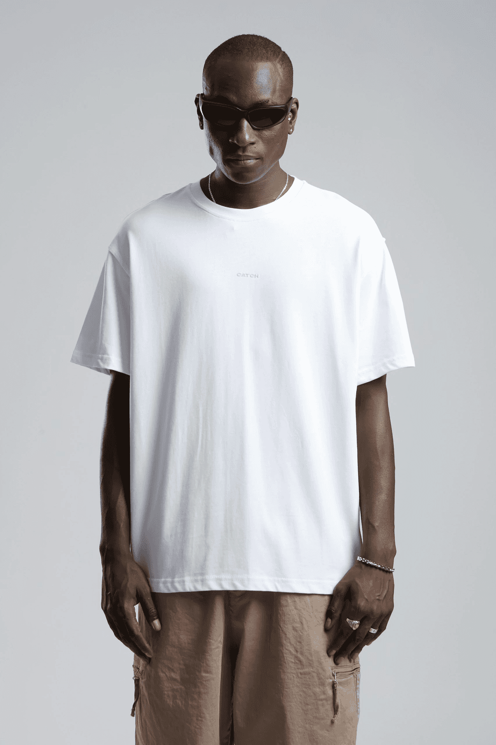 Erkek Owersıze Bisiklet Yaka Catch Baskılı Tişört -Beyaz