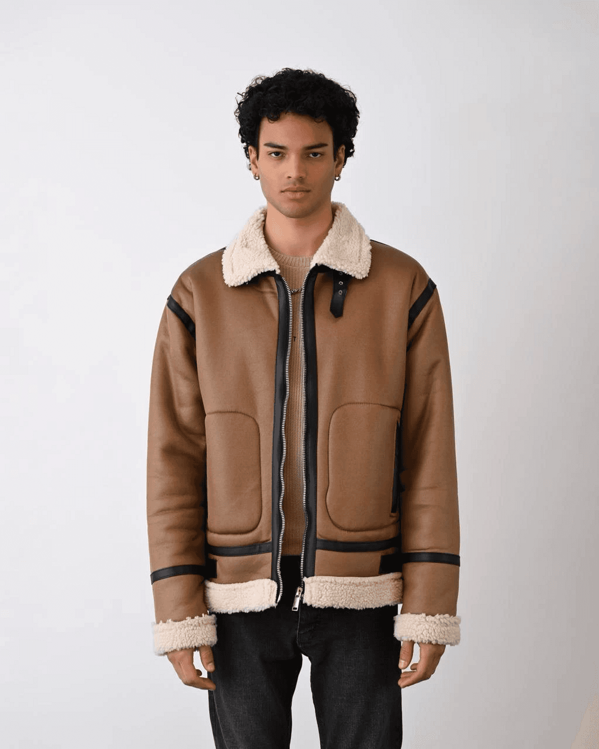 Men's Leather and Fur Zippered Coat-Brown