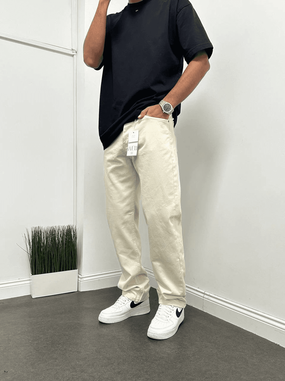 Men's Comfortable Fit Baggy Jeans - Cream