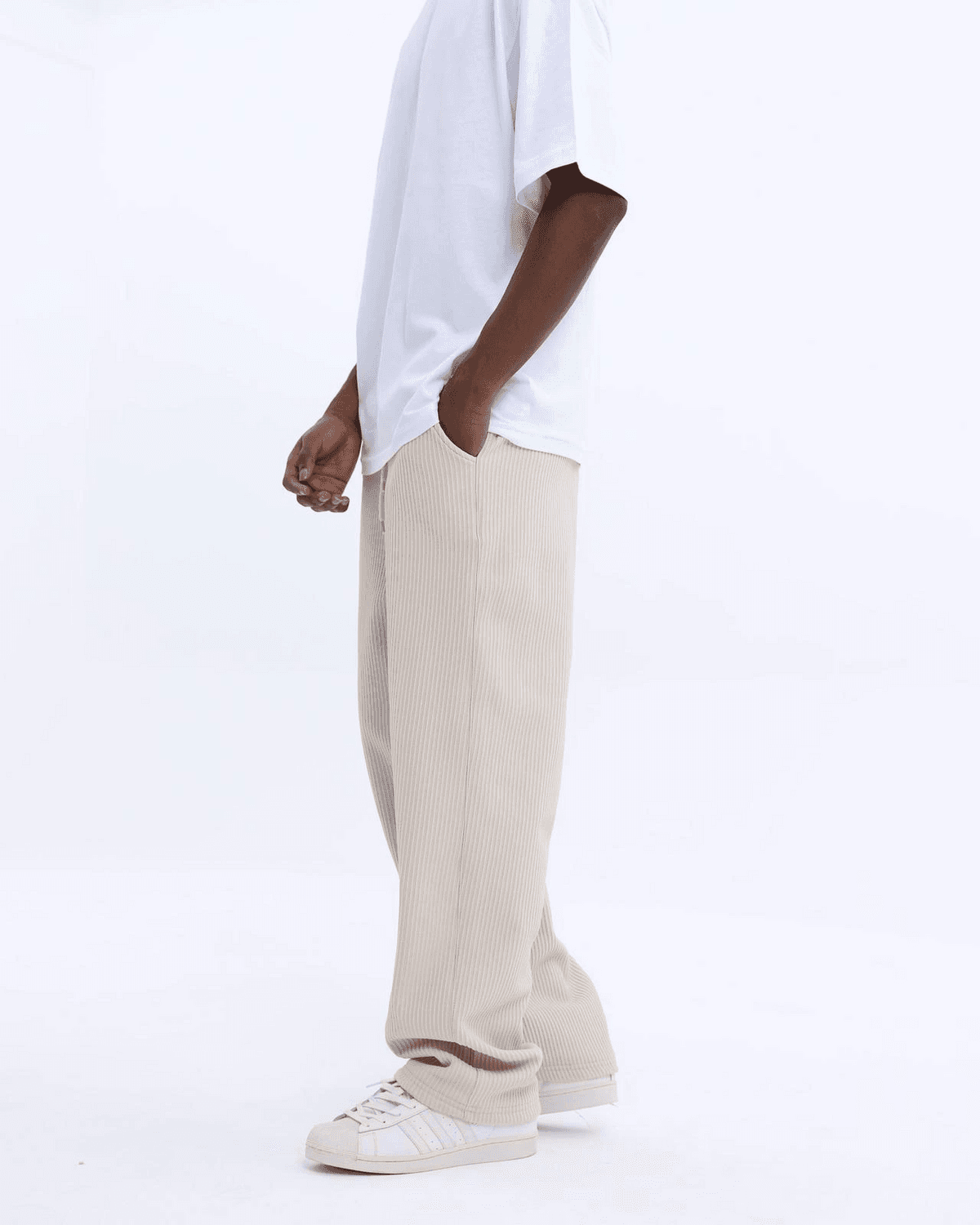 Men's Ribbed Lycra Bagy Trousers with Elastic Waist - Cream