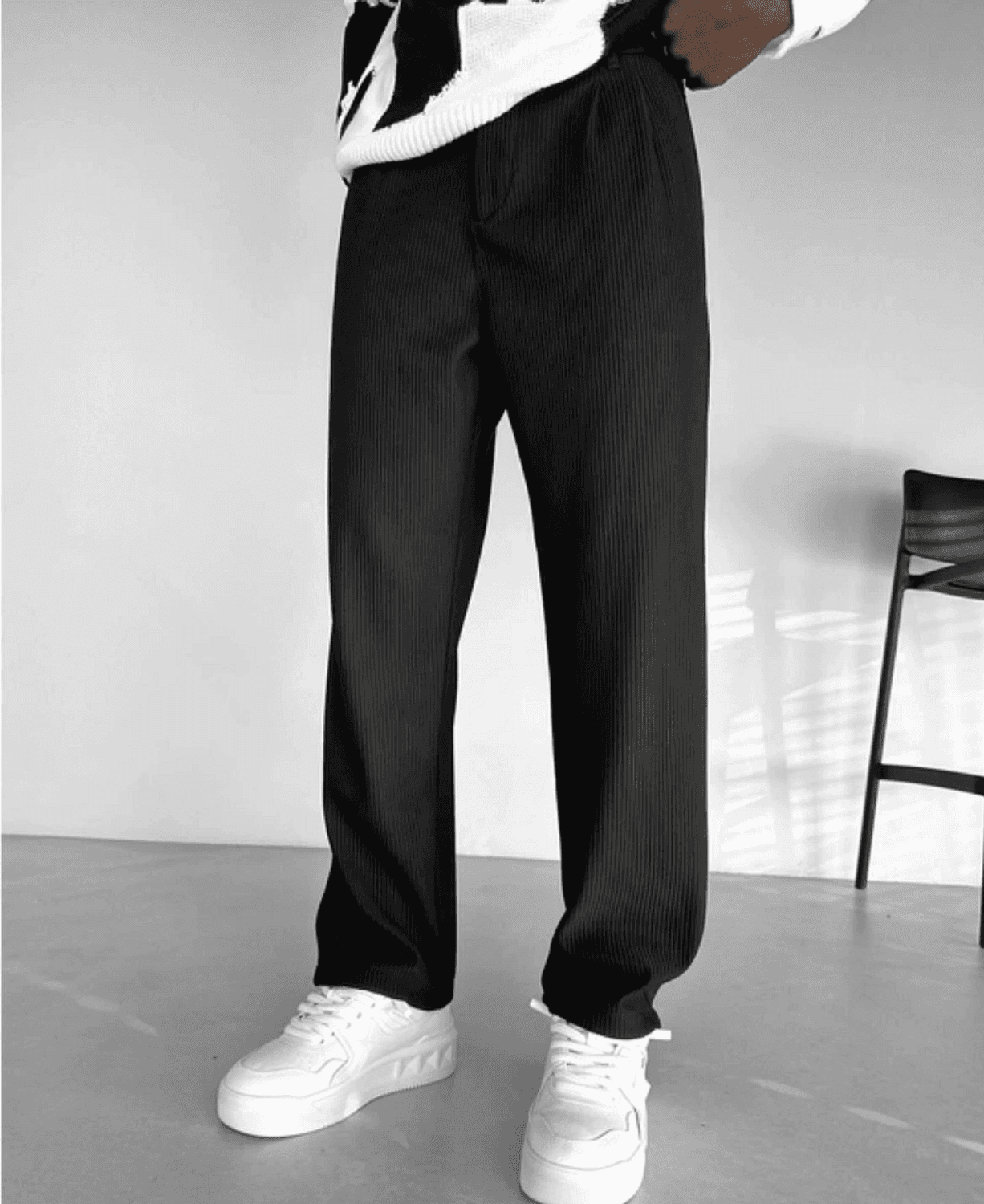 Men's Ribbed Waist Elastic Lycra Pleated Bagy Trousers - Black