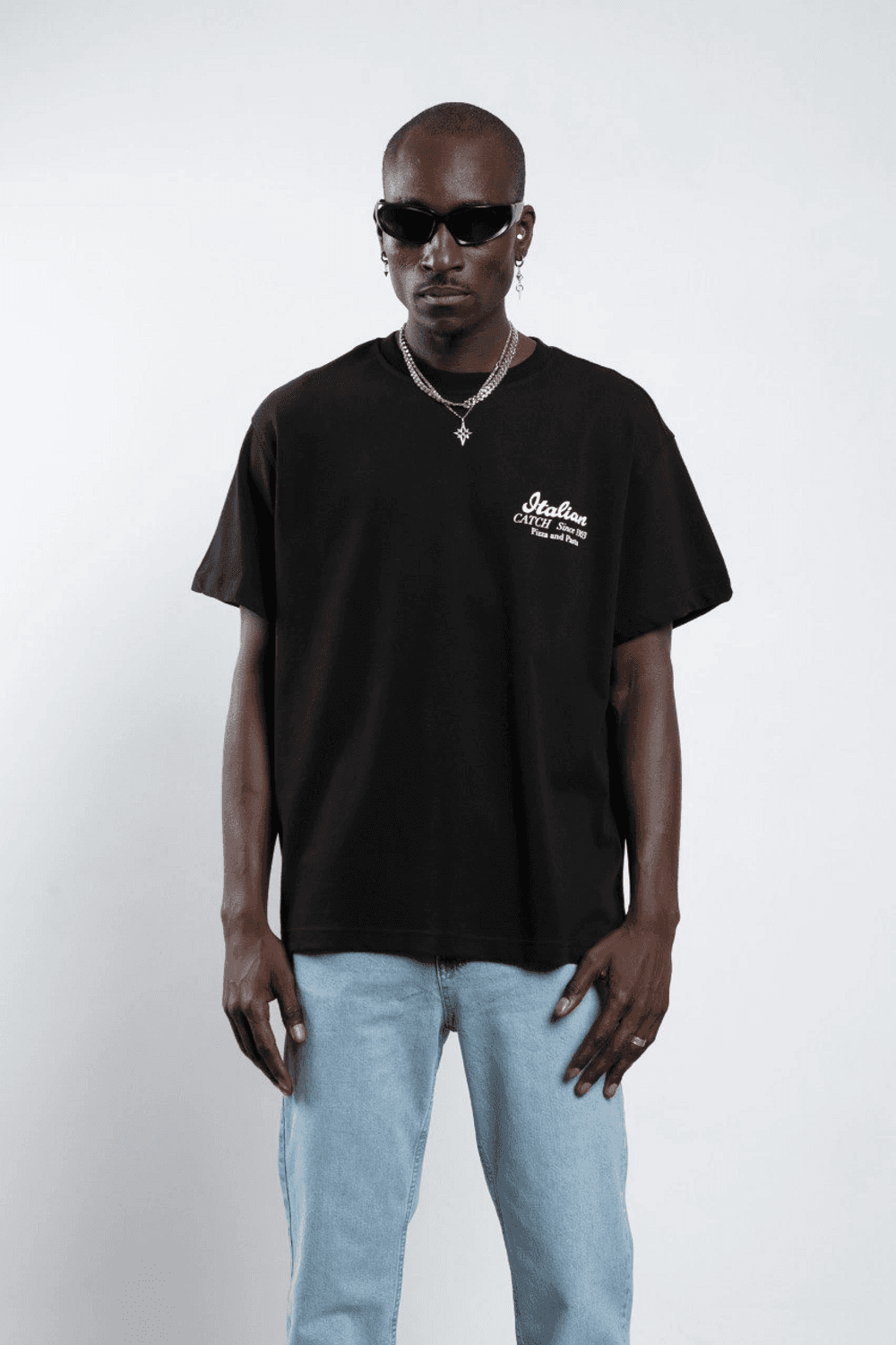 Erkek Owersıze Bisiklet Yaka Italia Baskılı Tişört -Siyah