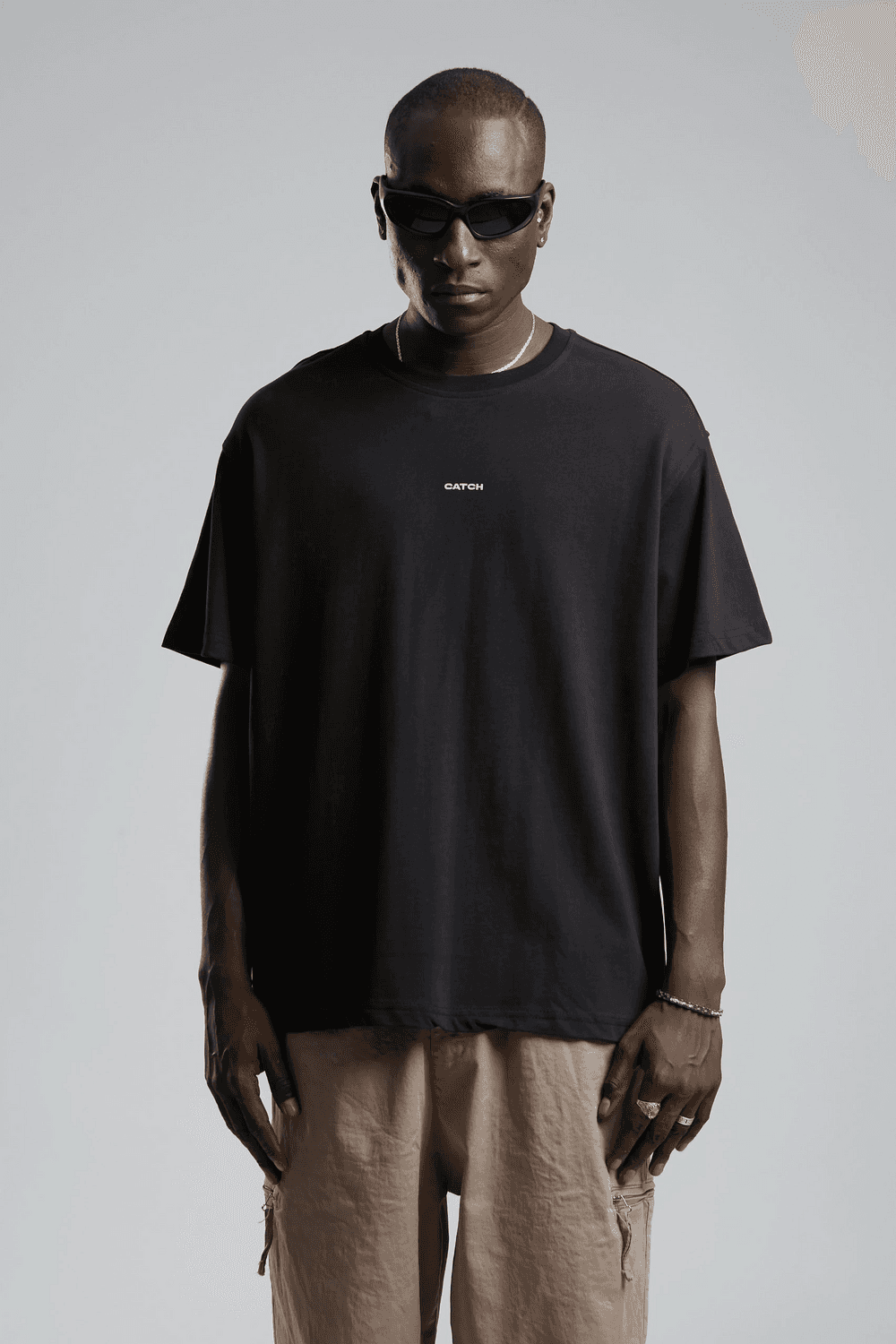 Erkek Owersıze Bisiklet Yaka Catch Baskılı Tişört -Siyah