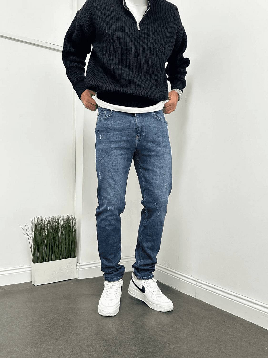 Erkek Rahat Kalıp Regularfit Likralı Kot Pantolon - Koyu Mavi