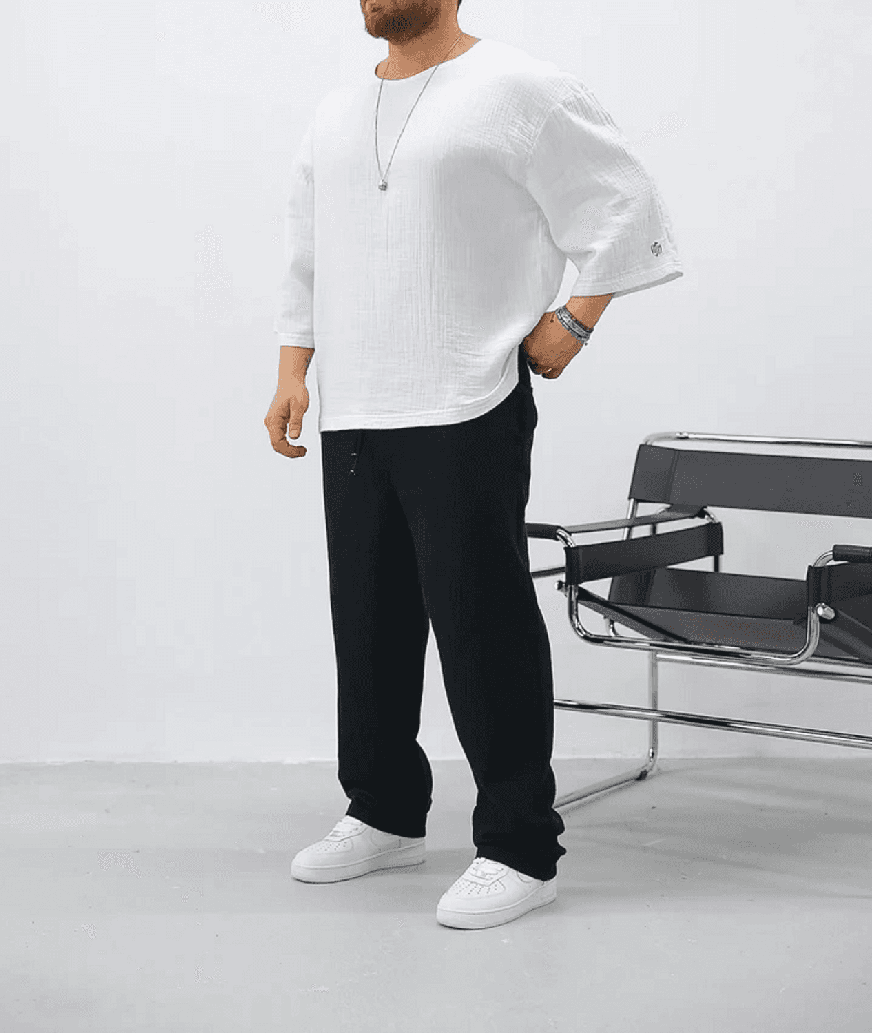 قميص رجالي ذو حجم كبير وأكمام قصيرة - أبيض