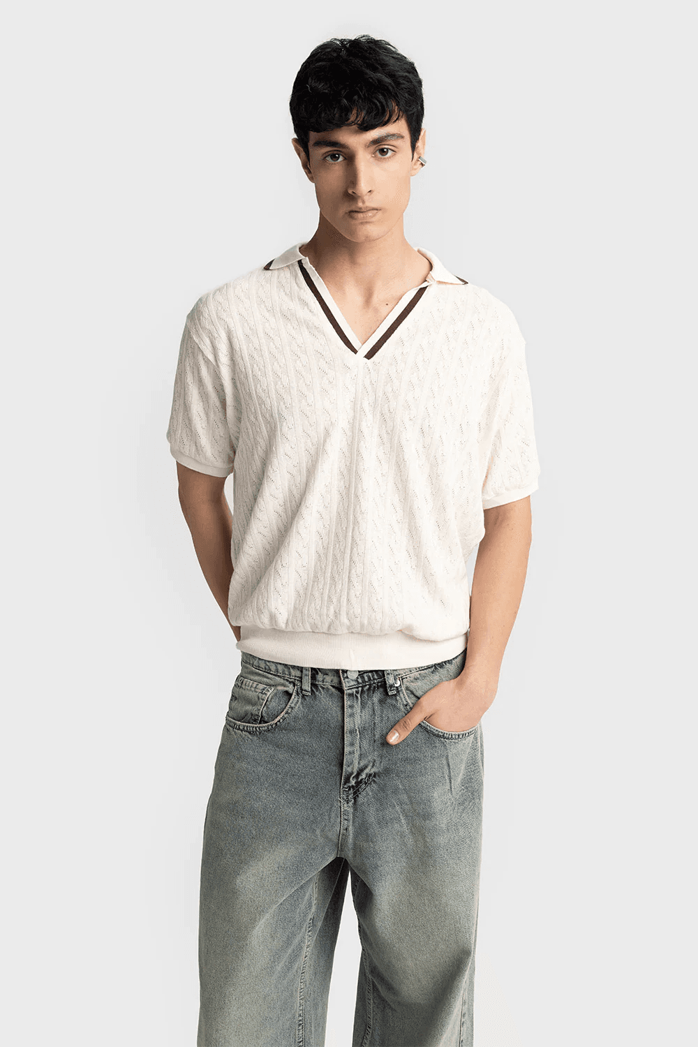 Erkek Owersize Örme Triko Polo Yaka - Krem Kahve