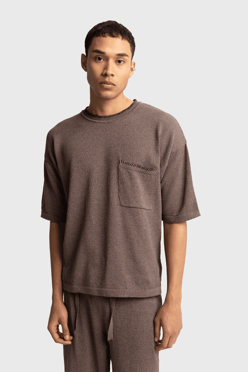 Erkek Owersize Bisiklet Yaka Örme Triko Tihşört - Kahverengi