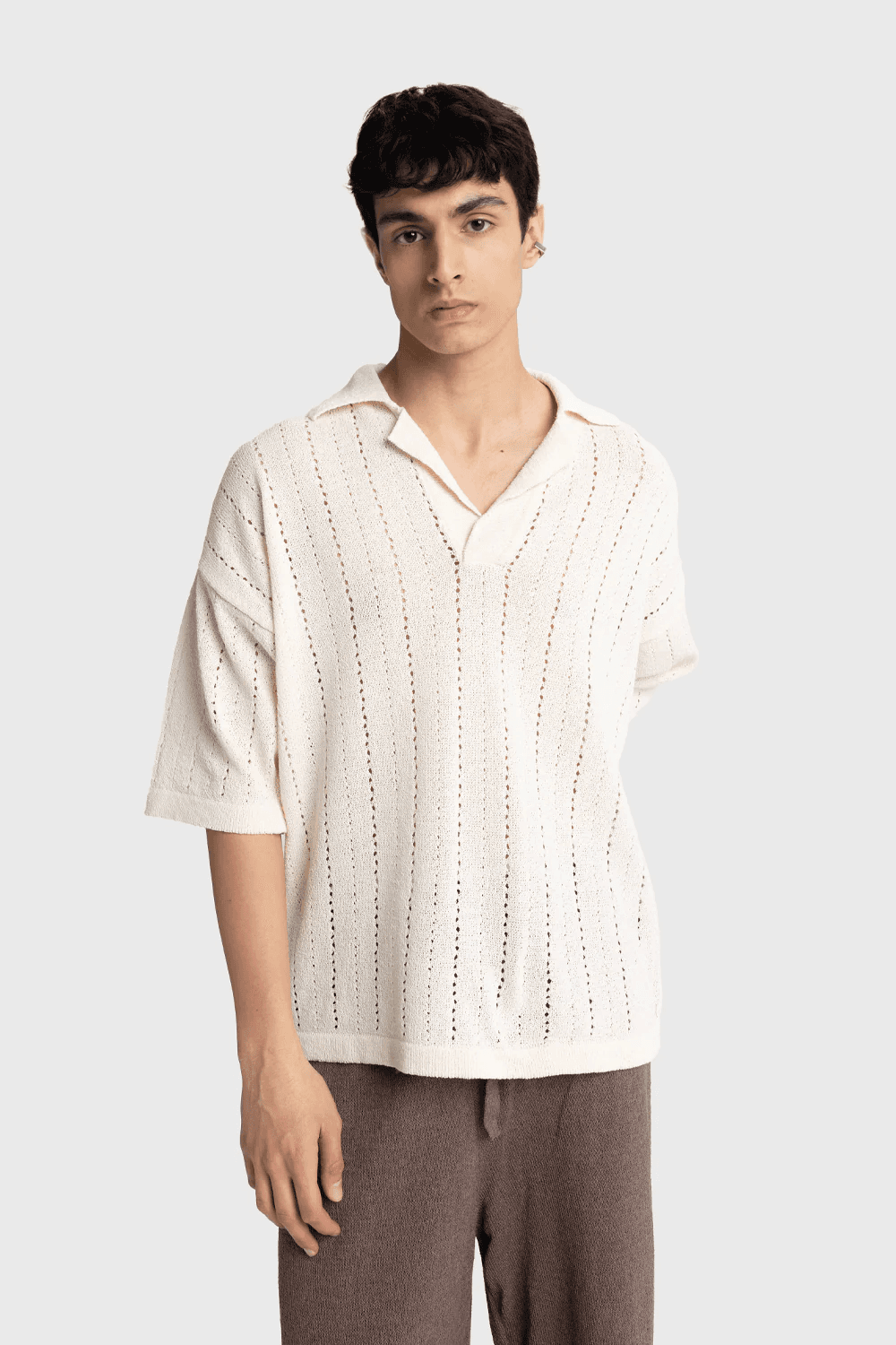 Erkek Owersize Polo Yaka Örme Triko Tihşört - Ekru