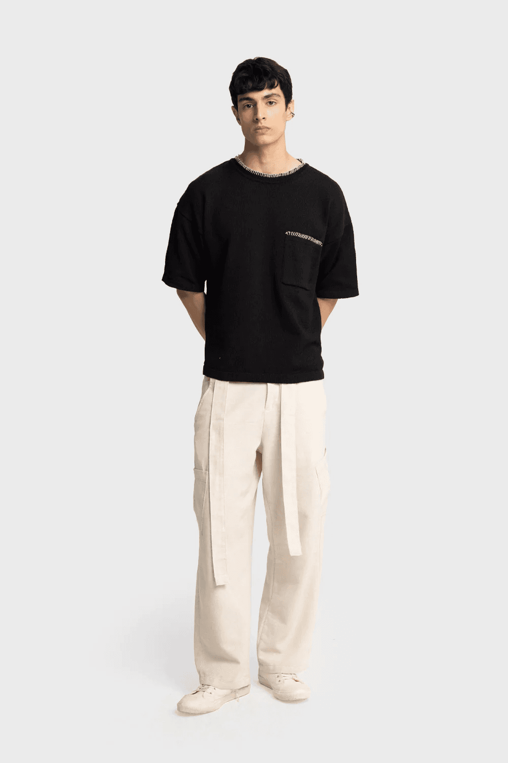 Men's Owersize Crew Neck Knitted Knitwear T-Shirt - Black