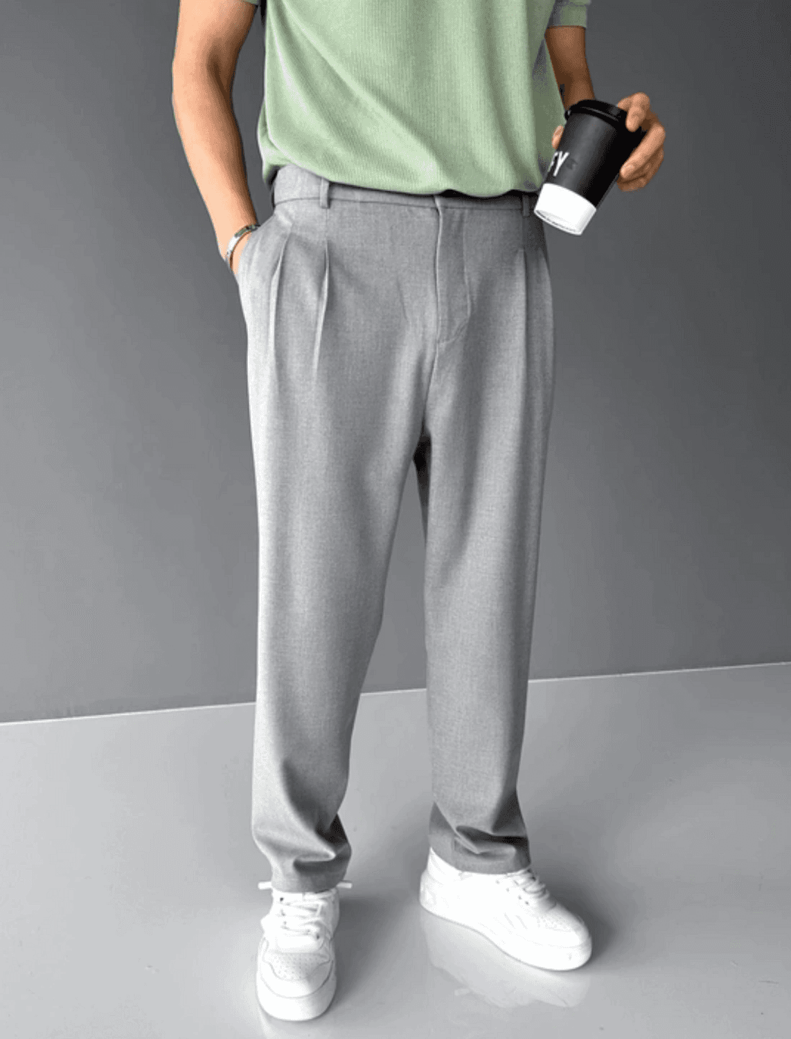 Men's Grey Stretch Fabric Baggy Trousers with Elastic Waistband